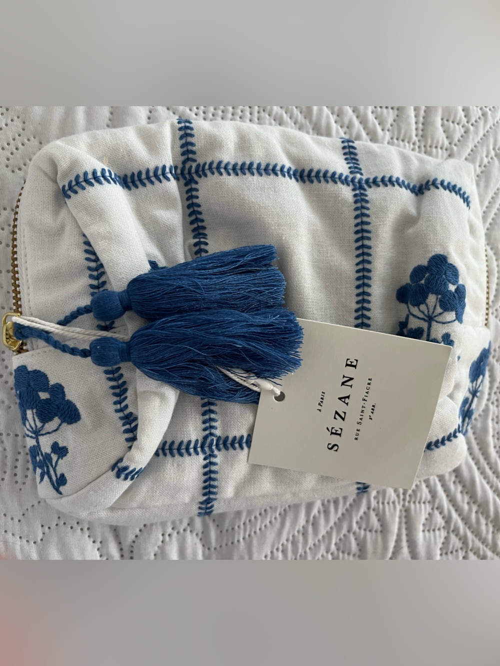 Sezane white and blue embroidery zip makeup bag